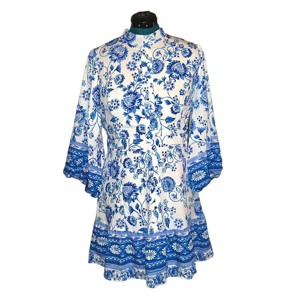 Avara Peyton Dress Blue & White Floral Bubble Sleeves Preppy Boho Size XL